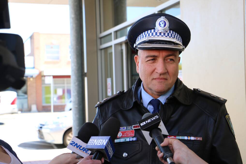 ARREST MADE: Detective Acting Superintendent Wayne Humphrey addressing the media outside Raymond Terrace Police Station on Tuesday.
