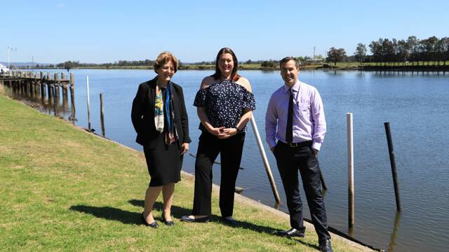 ANNOUNCEMENT: Catherine Cusak, Jaimie Abbott and Port Stephens Mayor Ryan Palmer at Riverside Park on September 21. 