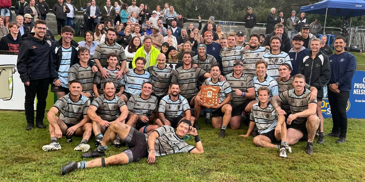 WINNERS: A very muddy Nelson Bay Gropers team after securing the Ben Clarke Shield from Newcastle University on Saturday afternoon. Picture: Facebook/Nelson Bay Rugby Club