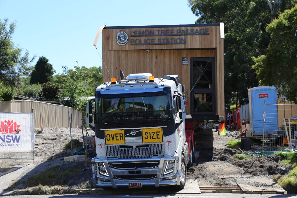 The new modular, $1.5 million Lemon Tree Passage Police Station being installed in its new home along Meredith Avenue on Thursday, April 15. Pictures: Ellie-Marie Watts