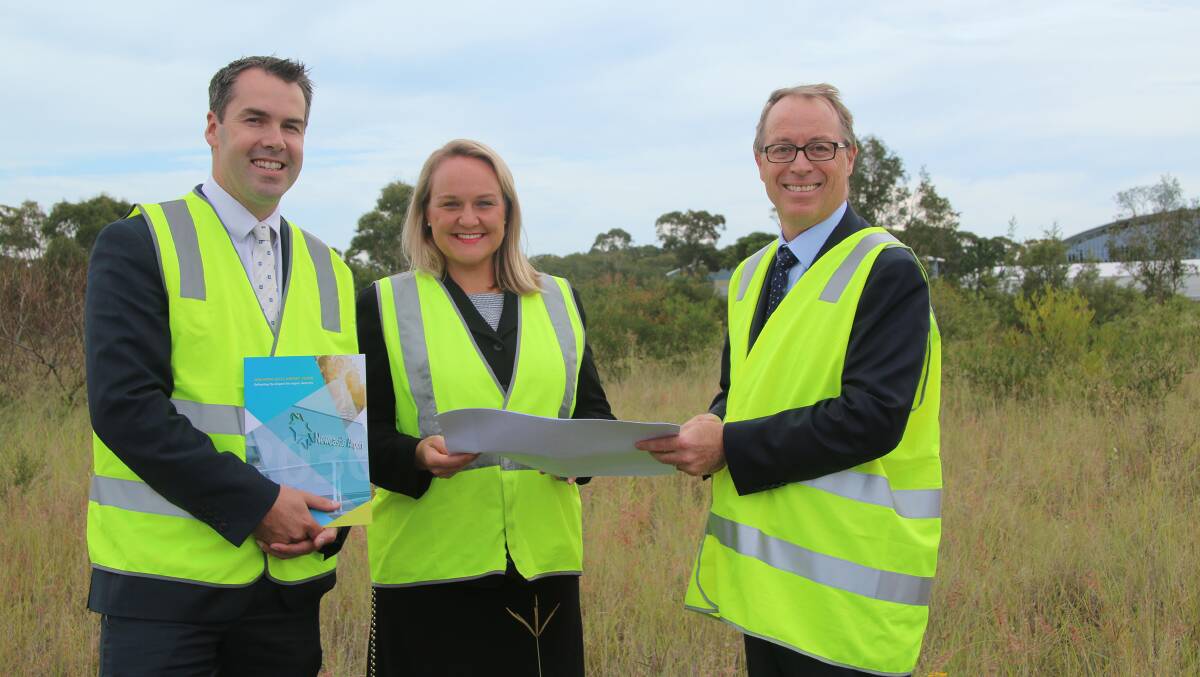 Port Stephens Mayor Ryan Palmer, City of Newcastle Lord Mayor Nuatali Nelmes and Newcastle Airport CEO Dr Peter Cock on an area of the land to be developed.