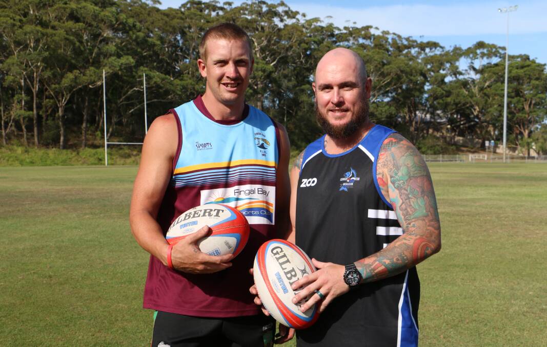 PREPARED: Fingal Bay Bomboras coach Bo Earl and Nelson Bay Gropers premier division coach David Sharp at Bill Strong Oval. The teams will play in the Port Stephens Charity Shield. Picture: Ellie-Marie Watts
