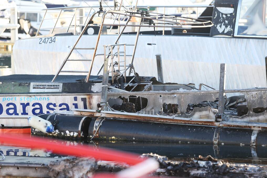 The scene where commercial boats were destroyed by fire at d'Albora Marina in Nelson Bay in August 2018. Pictures: Peter Lorimer