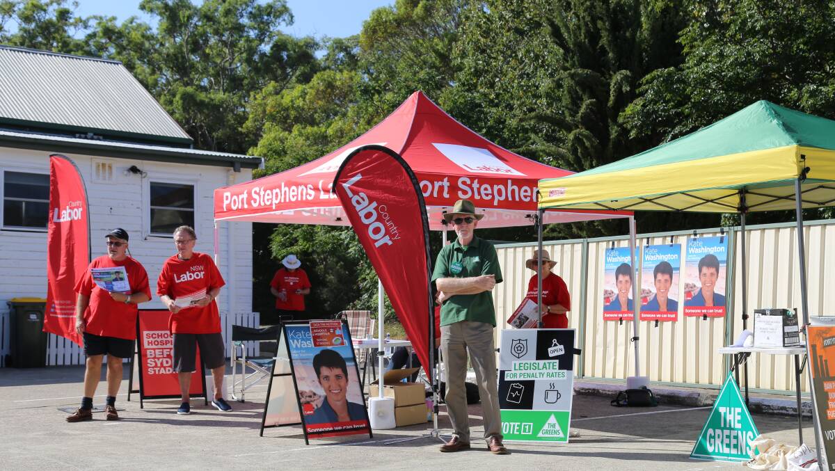 Nigel Waters pre-polling for The Greens in Nelson Bay during the 2019 state election. Picture: Ellie-Marie Watts