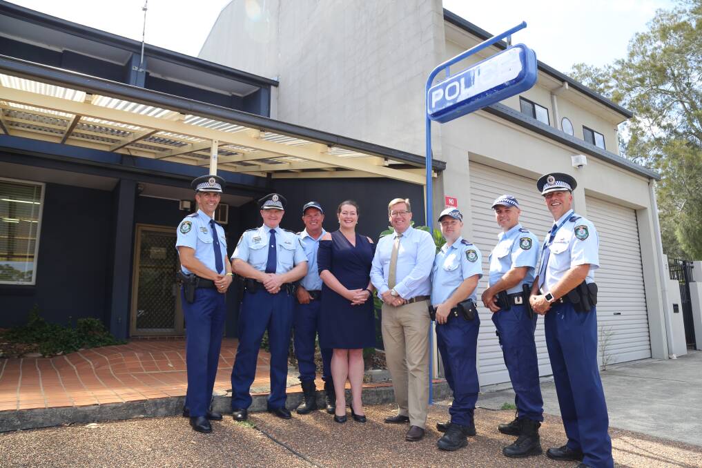 The Minister for Police, Troy Grant, was joined by Liberal candidate for Port Stephens Jaimie Abbott and Port Stephens Hunter Police District Commander Craig Jackson to make the announcement on Monday morning. Pictures: Ellie-Marie Watts