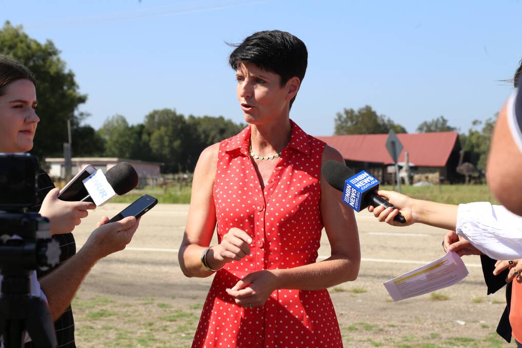 Port Stephens MP Kate Washington speaking with media along Nelson Bay Road at Salt Ash in March 2019, during the state election campaign.