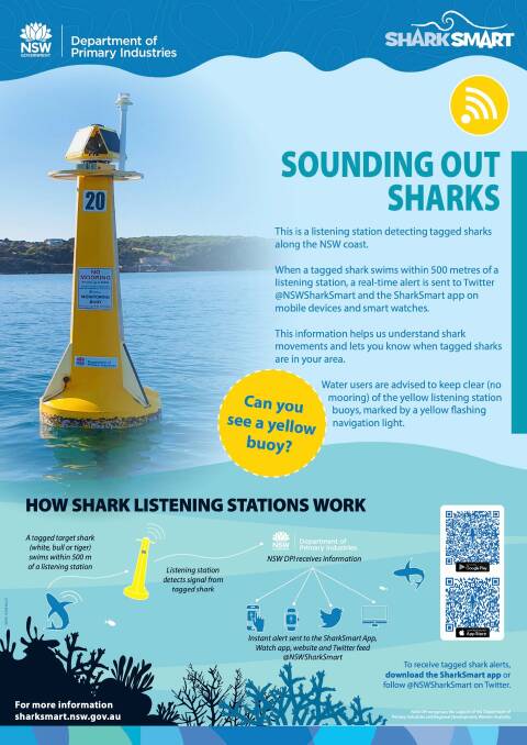 The installation of the yellow buoy about 300 metres off Birubi Beach comes as the NSW Government injects a further $85.6 million into its SharkSmart program for the next four years.