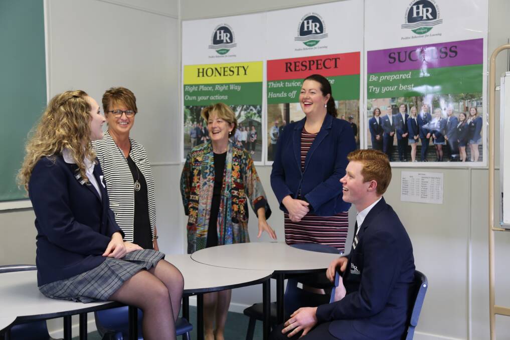 Hunter River High School captains Megan Snow, 16, and Dylan Eyb, 17, (front) with principal Deb Dibley, Catherine Cusack and Jaimie Abbott.