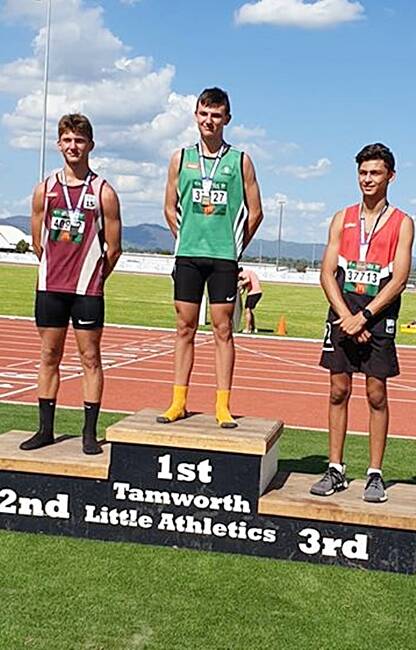 GOLD: Saxon Lorenz from Singleton, Cody Hancock, 15, from Raymond Terrace, and Tsar Mandavay from St George on the podium at the NSW Little Athletics State Combined Carnival. Picture: Supplied