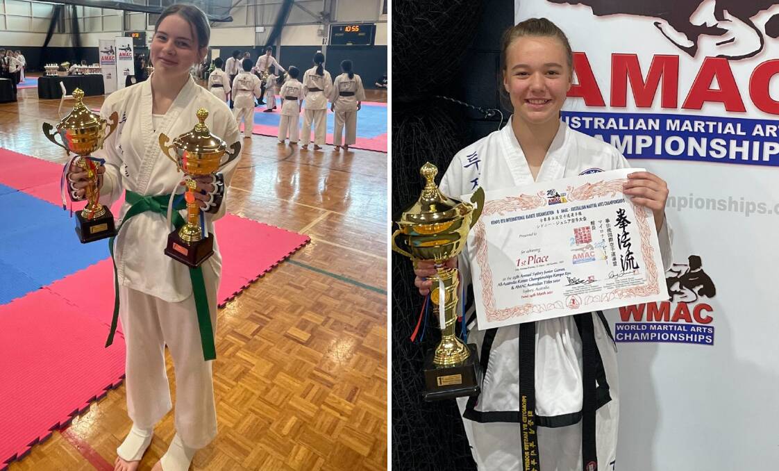 MEDAL WINNERS: Port Stephens martial arts exponents Zarleigh Went and Jayme Zikman with their winning trophies. Pictures: Supplied
