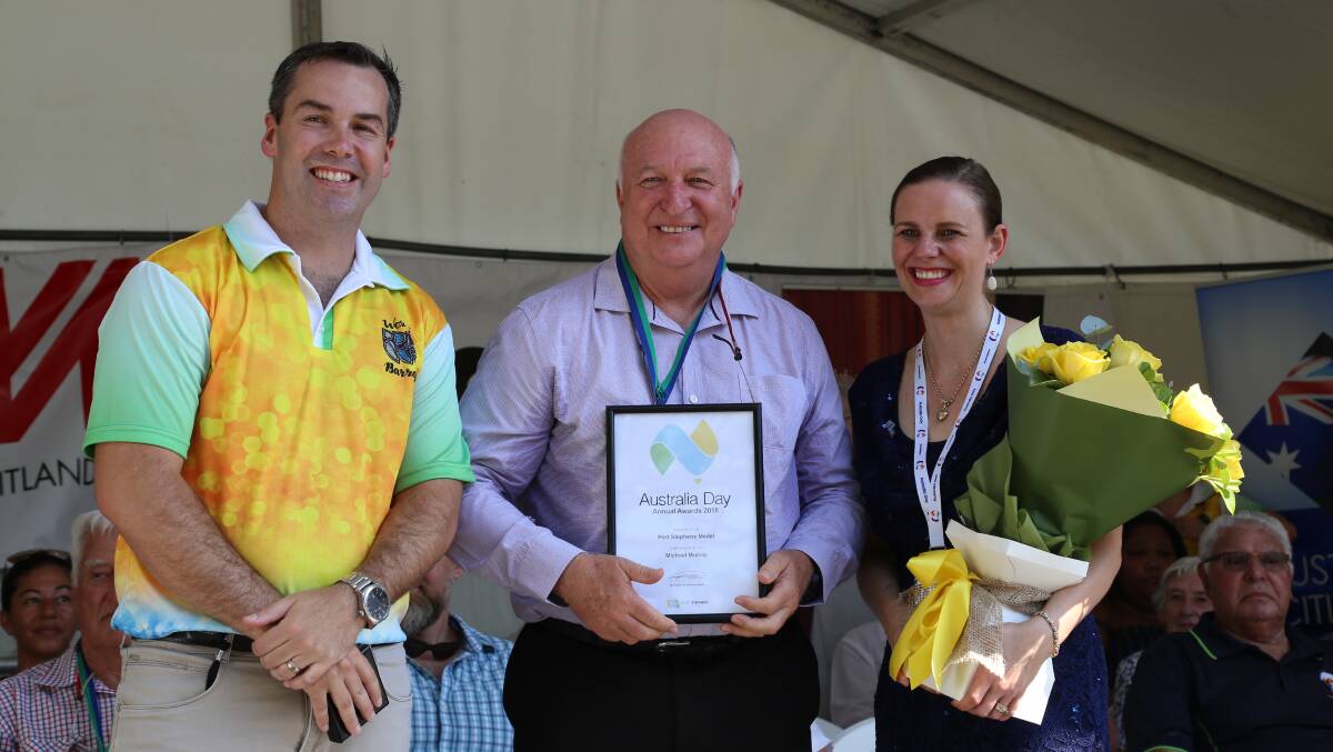 Port Stephens Mayor Ryan Palmer with Port Stephens Medal recipient Michael Murray (Port Stephens Suicide Prevention Network) and Port Stephens Australia Day Ambassador Kathy Rimmer.