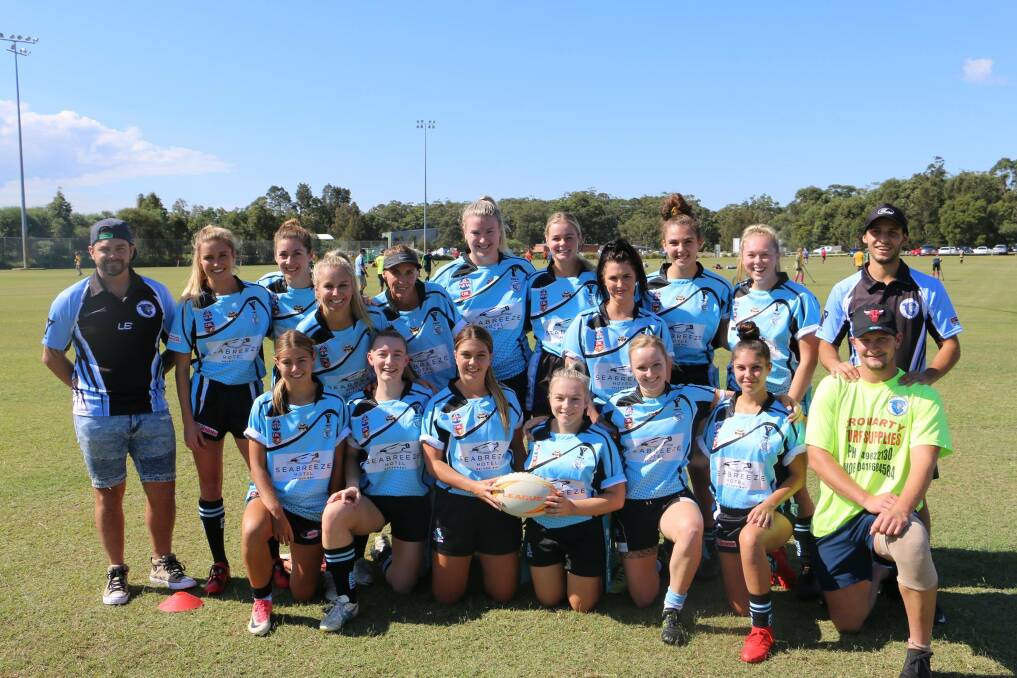 TEAMWORK: Nelson Bay Sharks ladies tag team defeated a depleted Macquarie Scorpions 58-0 in Salamander Bay on Saturday. Picture: Facebook 