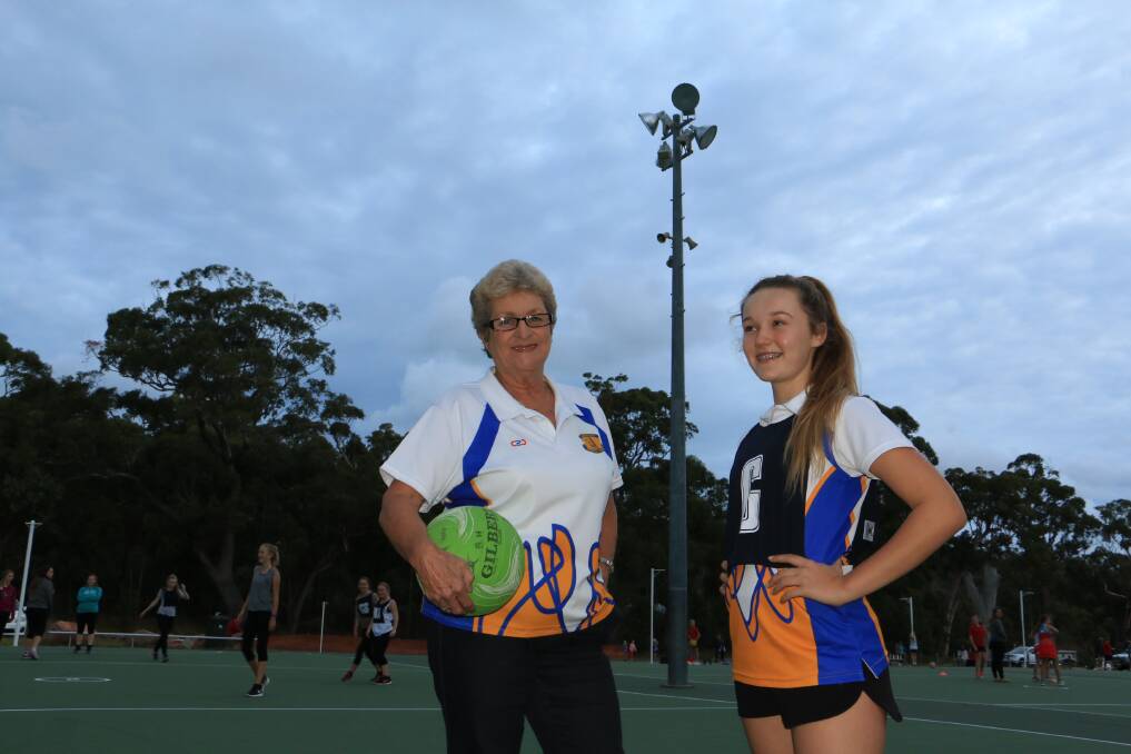 Helen Scott with Salt Ash player Emily Kenny at the Tomaree Sports Complex courts in 2016. Picture: Ellie-Marie Watts