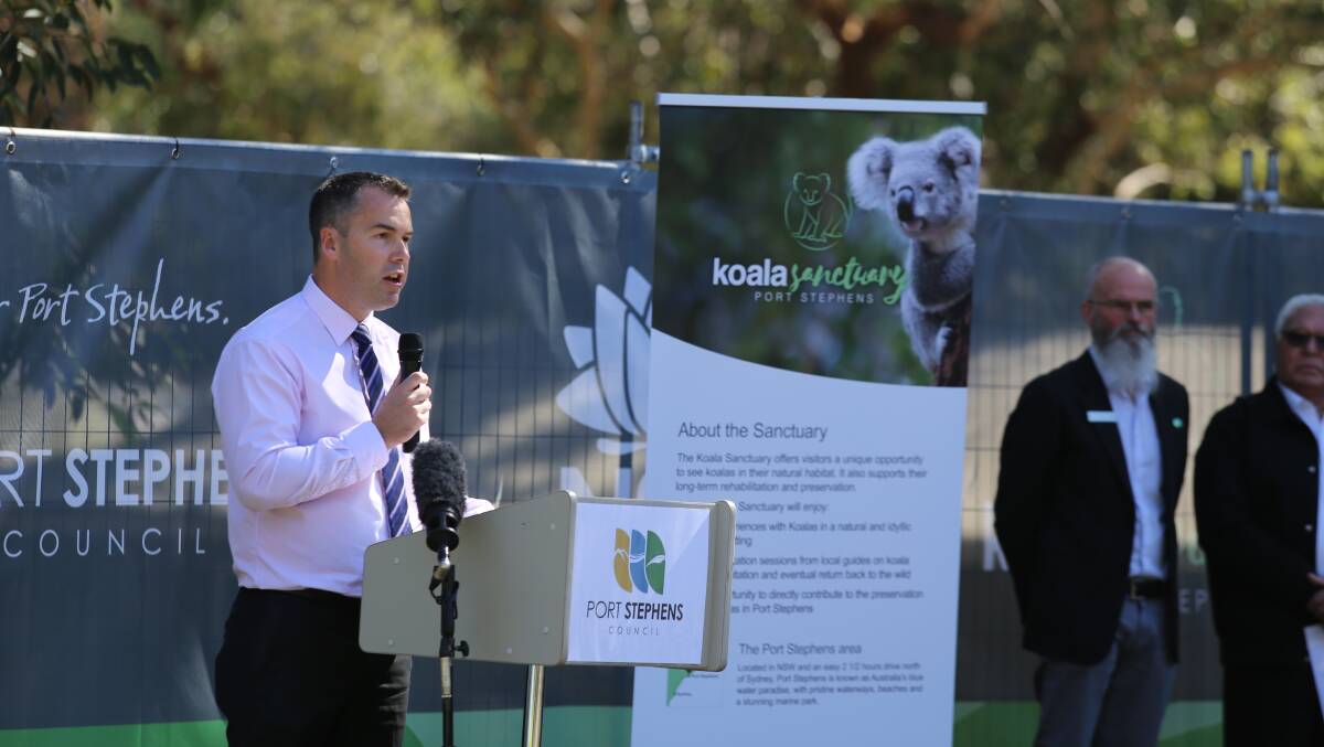 Port Stephens Mayor Ryan Palmer speaking at the ground breaking ceremony at Port Stephens Koala Sanctuary in One Mile on August 25. Picture: Ellie-Marie Watts