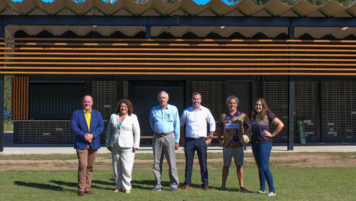 NEW DIGS: Councillor Chris Doohan, Paterson MP Meryl Swanson, Cr Steve Tucker, Mayor Ryan Palmer, Rich Selby and Medowie and Districts Rugby Union Club president Renee Selby at the completed clubhouse. 