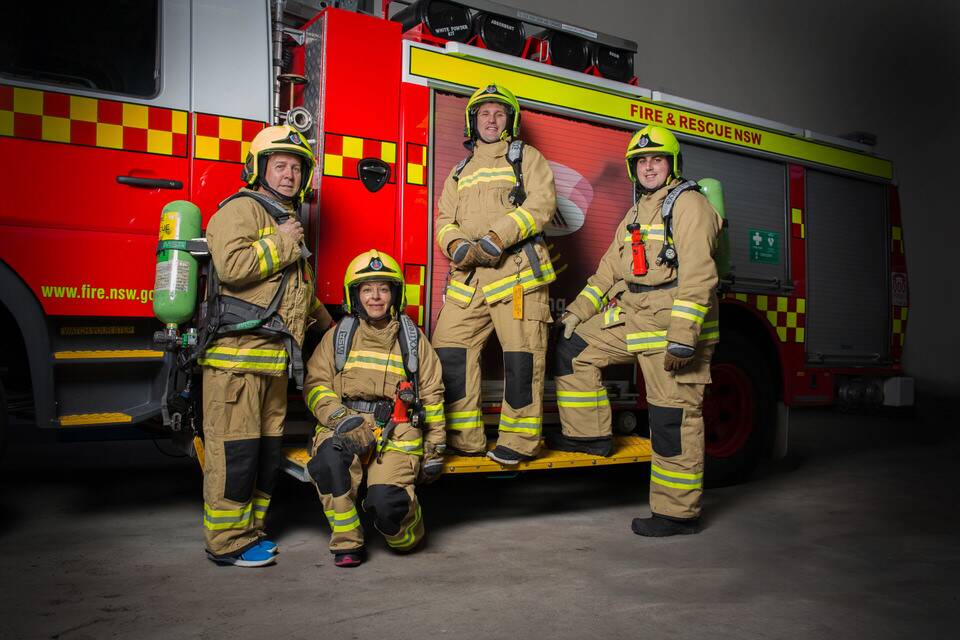TEAM: Scott Ford from Tarro Fire Station, Isabel Rios from Raymond Terrace Fire Station, Jeff Allen (Tarro) and James Goodliff (Raymond Terrace) will take part in the Firefighters Climb for Motor Neurone Disease event in October, which sees firefighters go up Sydney Tower Eye in full fire-fighting gear. Picture: Luke Kisielewics