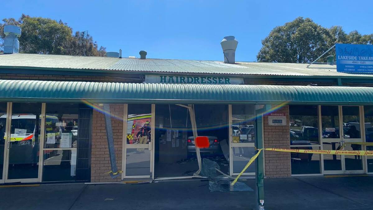 COLLISION: Image shows the car inside the Time To Set Lakeside Unisex Hair salon in Raymond Terrace. Picture: Facebook/Raymond Terrace Fire & Rescue