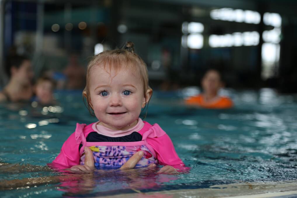 Evelyn Dunn, 1, learning to swim at Lakeside Leisure Centre, Raymond Terrace. Picture: Ellie-Marie Watts