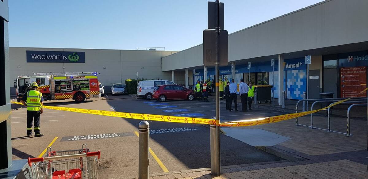 The scene at Salamander Bay Square on May 9 after a car crashed through the glass wall of Amcal pharmacy. Picture: Rae-Anne Caslick