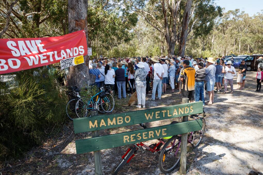 Close to 200 people attended a rally to block dual occupancy development within the Mambo Wetlands on Sunday. Photos: Max Mason-Hubers