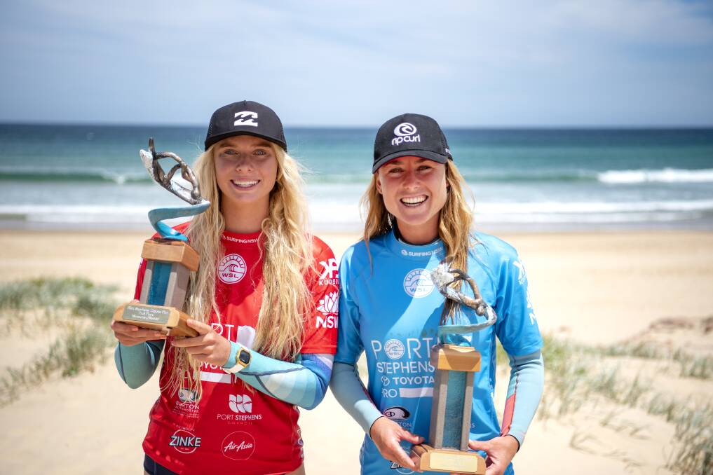 GOOD SHOW: Port Stephens Toyota Pro Women's QS6000 champion Nikki Van Dijk (right) and runner-up Macy Callaghan at Birubi Beach. Picture: Ethan Smith/Surfing NSW 