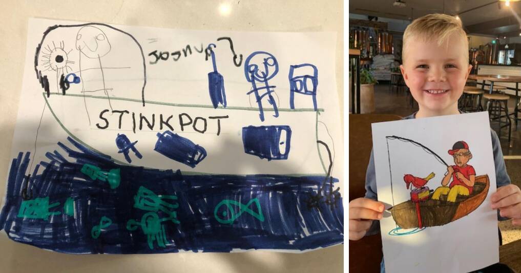 ARTISTIC: Left is Josh Davidson's competition-winning drawing of John 'Stinker' Clarke's boat, Stinkpot. Right is Max Findley holding his winning drawing.