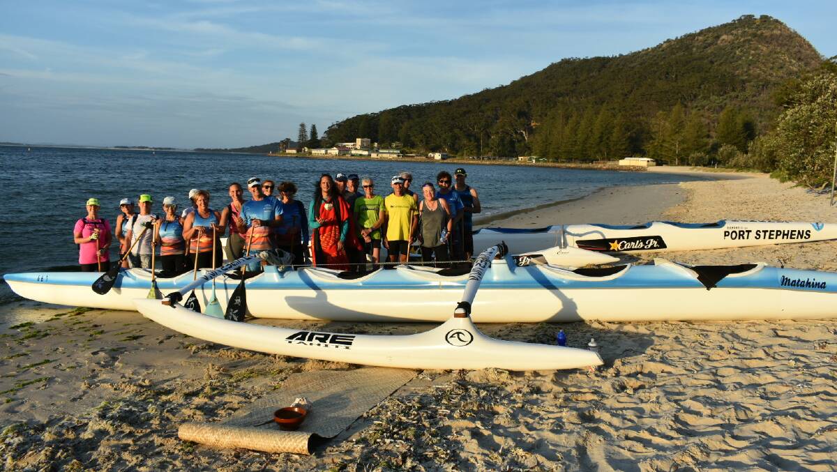 Port Stephens Outrigger Canoe Club with Kumu Pa’a Kawika Foster in Shoal Bay on November 1 for the traditional Hawaiian blessing.