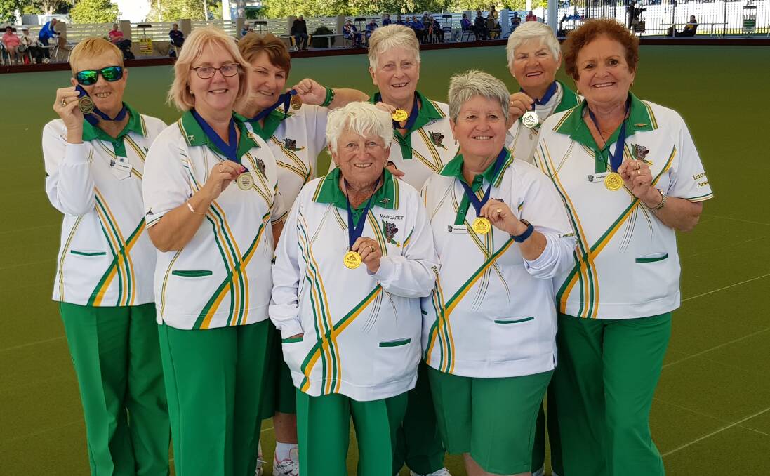 PROUD: Lyn Jordan, Anne Cheetham, Kath Rados, Margaret Lewis, Margaret Drury, Vicky Goodwin, Jeanette McClure, Annette Davis from Lemon Tree Passage Women’s Bowling Club with their regional medals.