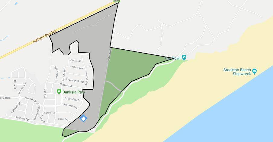 A map of where the fire burned around Seaside estate at Fern Bay on the weekend.