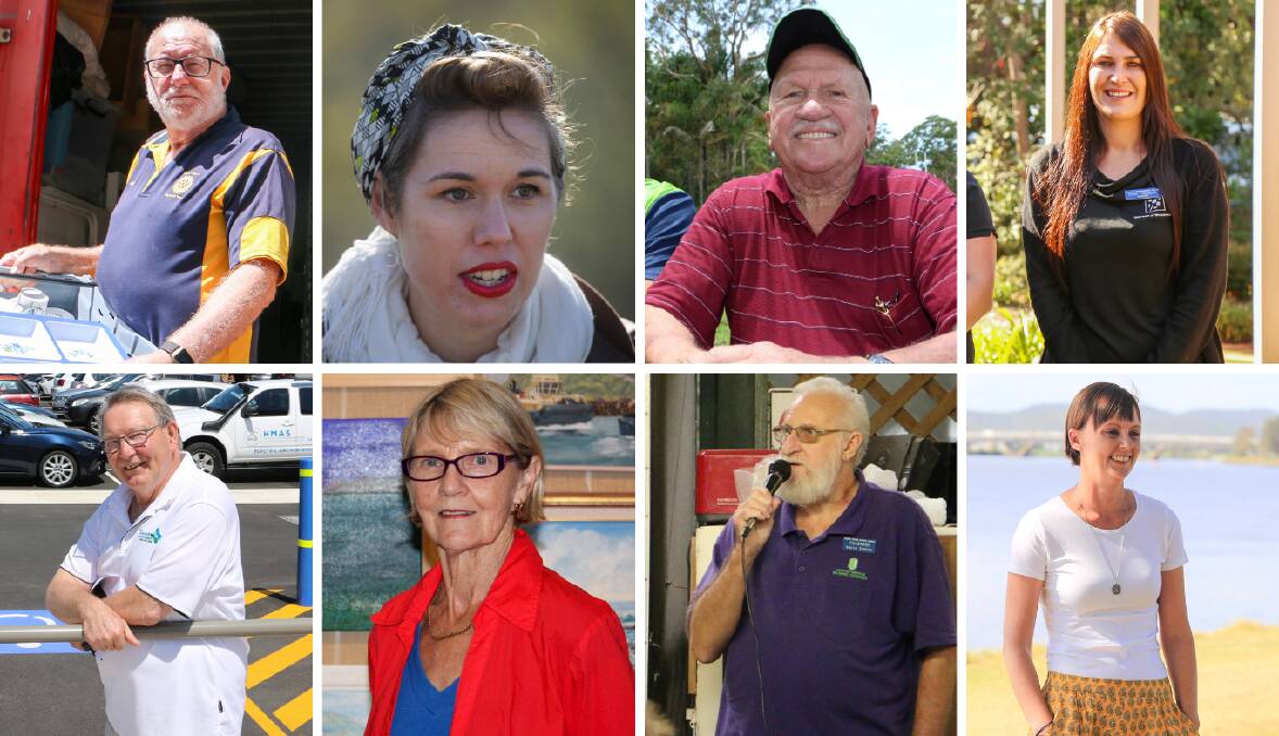 2020 Port Stephens Annual Awards nominees from top left: John Chambers, Chantal Parslow, Alan Cloke, Clare Saunders, Peter Clough, Niki Waters, Kevin Stokes and Alisha Onslow.