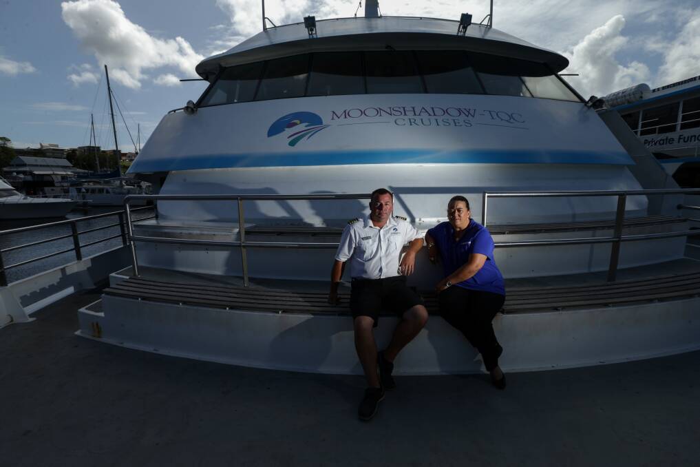 Captain Ben Lupton and Mel Turner on board a Moonshadow-TQC Cruises boat in Nelson Bay in February 2020. Picture by Jonathan Carroll