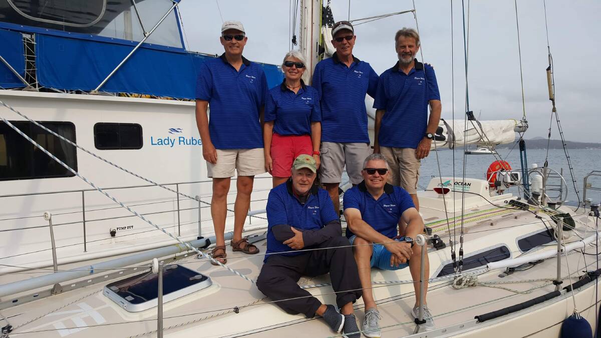 TEAM: Kevin Le Poidevin and his Rogue Wave crew that completed the 2019 Sydney to Hobart: Asia Pajkowska, Roger Yeo, Neil Pilz, David Simm and Darrell Greig. 