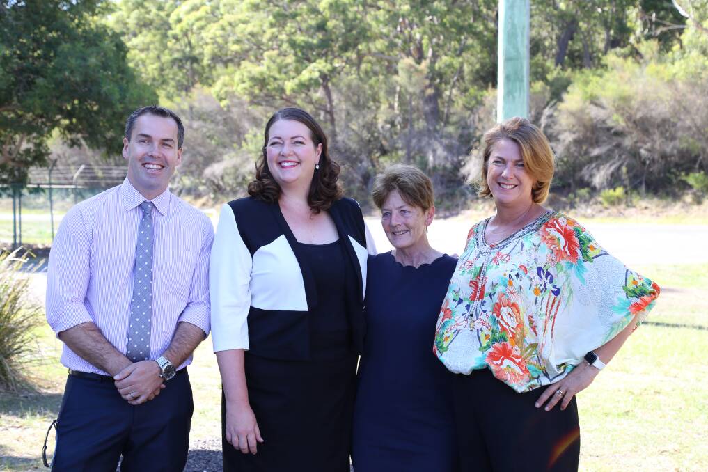 Port Stephens Mayor Ryan Palmer, the state election Liberal candidate for Port Stephens, Jaimie Abbott, Port Stephens duty MLC Catherine Cusack and Roads Minister Melinda Pavey in Nelson Bay on March 5 for the Fingal Bay link road announcement. Picture: Ellie-Marie Watts