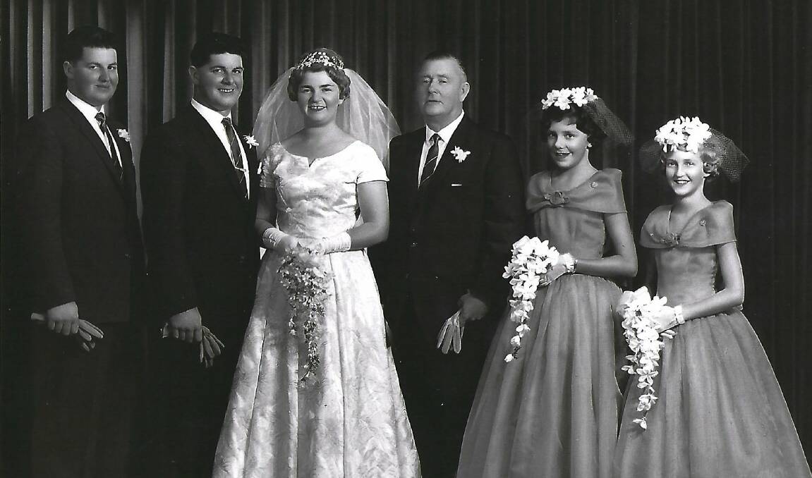LOVE: Judy and Neville Moxey on their wedding day on February 4, 1961, pictured with their bridal party. Pictures: Supplied