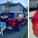 NOT COWED: Left, Raymond Terrace resident and proud gay man Chris Baguley with his car after it was rid of the homophobic slur and swastika graffiti. Right, the vandalised car.