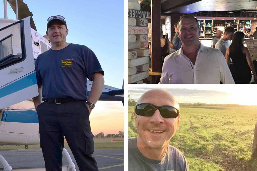 HEARTBREAK: Helicopter pilot David Kerr, (top) Queensland man Grant Kuhnemann and (bottom) Brisbane dad Jamie Ogden are believed to have perished when a chopper crashed off Anna Bay on Friday, September 6.