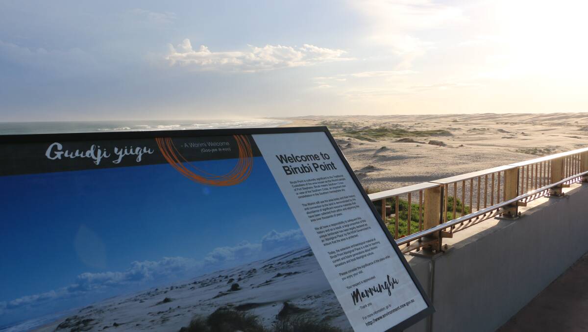 A sign at Birubi Point, near the surf club, which recognises its Aboriginal significance. 