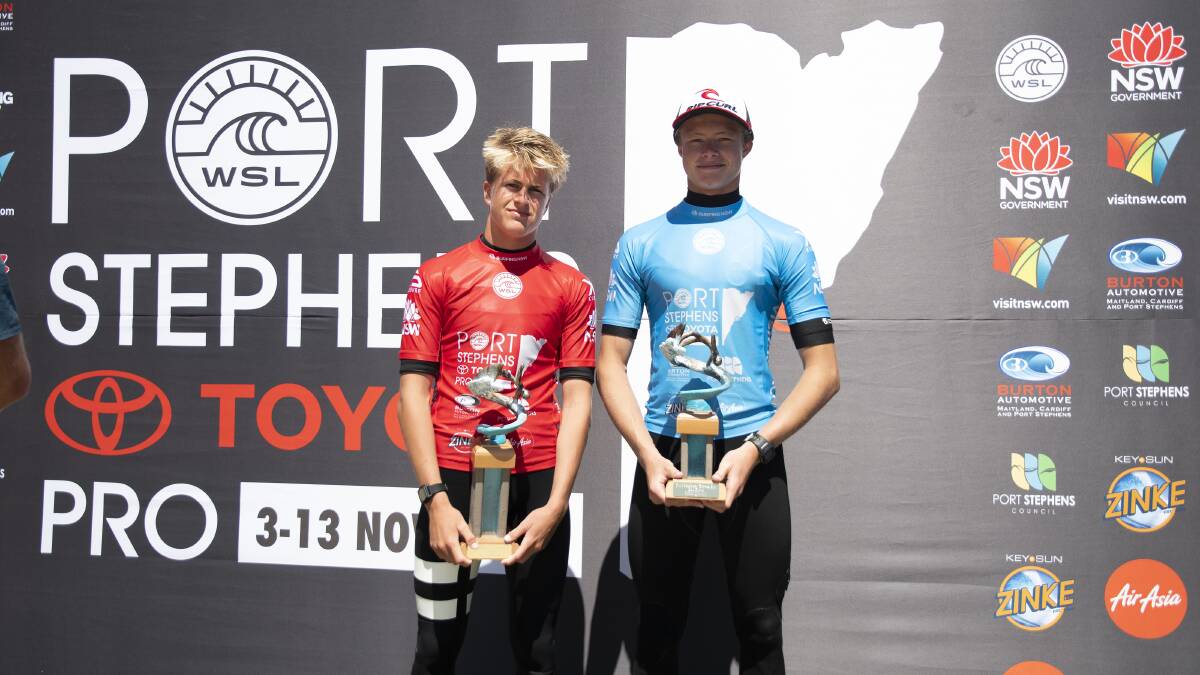 Port Stephens Toyota Pro Men's QS1000 champion Caleb Tancred (Avoca) and runner-up Mikey McDonagh (Lennox Head). Picture: Ethan Smith / Surfing NSW