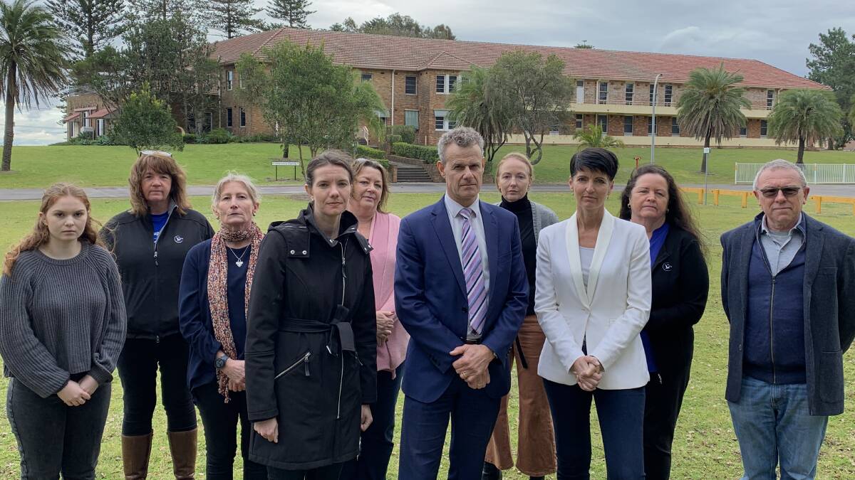 SHELTER FROM THE STORM: Labor parliamentarians Rose Jackson, Tim Crakanthorp and Kate Washington, with representatives of Jenny's Place, Nova for Women and Children and Hunter Tenants, at the Stockton Centre. Picture: Simone De Peak