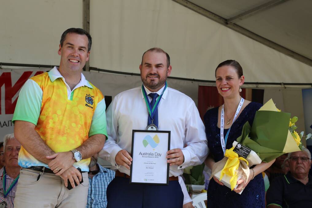 Port Stephens Mayor Ryan Palmer with 2018 Citizen of the Year Ben Niland and Port Stephens Australia Day Ambassador Kathy Rimmer.