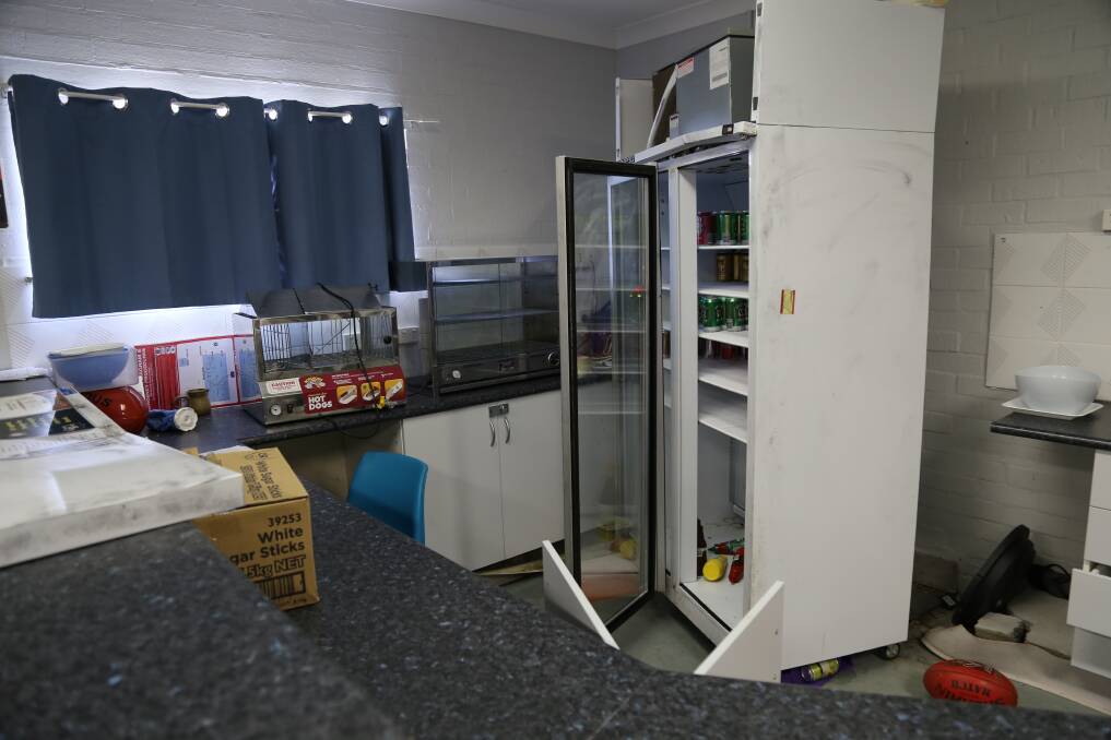 The Marlins clubhouse after it was raided sometime on Sunday night and Monday morning. Cash and drinks were stolen. The fridge was damaged beyond repair. Picture: Ellie-Marie Watts