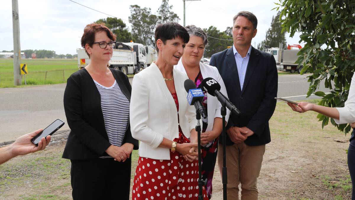 Port Stephens MP Kate Washington with NSW Labor deputy leader Penny Sharpe MLC, Paterson MP Meryl Swanson and the shadow minister for defence Richard Marles speaking to media at Williamtown on Thursday. Picture: Ellie-Marie Watts