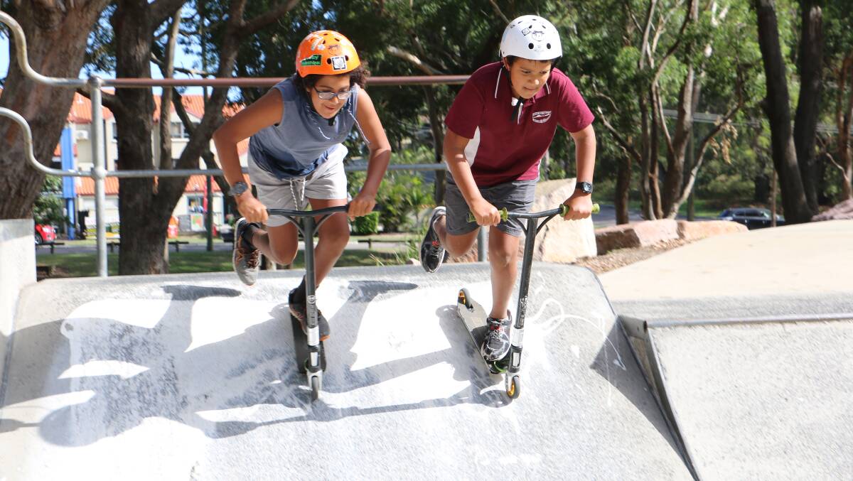 Brothers Jamal Fsadni, 13, Zayne, 11, of Nelson Bay, in preparation for the Youth Week skate and scooter comp to take place at Fly Point skate park on Sunday, April 14.