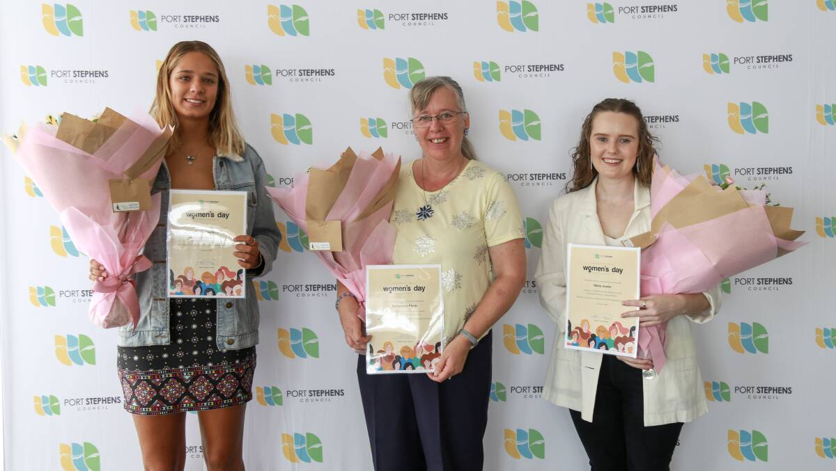 Port Stephens Council's 2021 International Women's Day Scholarship recipients Elle Clayton-Brown, Bernadette Flynn and Nikita Austin.