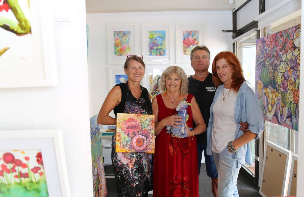 SMALL BUT MIGHTY: Megan Barrass, Marilyn Dawes, Ray Anderson and Helen Love inside the tiny Shoal Bay Art Gallery. Picture: Ellie-Marie Watts