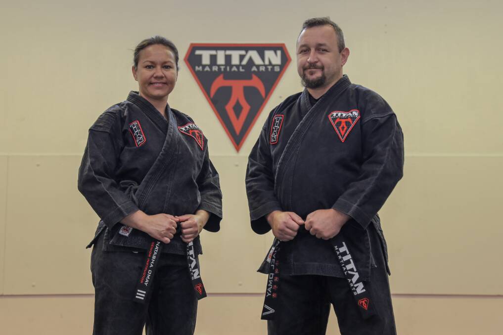 Natasha and Michael Omay at Titan Martial Arts in Raymond Terrace. The have joined the pink belt project and are offering a scholarship. Picture: Ellie-Marie Watts