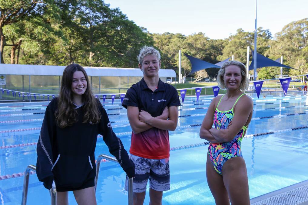 HAPPY: Nelson Bay Swim Club national medal winners Ebony Nix, 13, Randall Ingram, 14, and Talyor Corry, 26. Picture: Ellie-Marie Watts