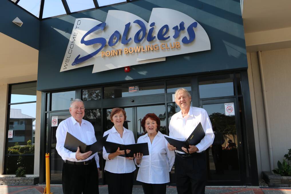IN TUNE: SeaSide Singers Peter McLeod, Diana Souter, Lil Jackson and Col Murdoch at Soldiers Point Bowling Club. Picture: Ellie-Marie Watts