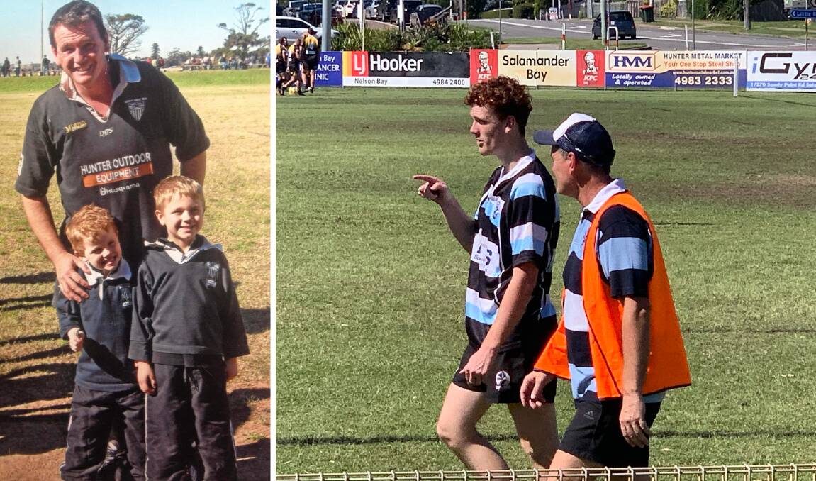 IN MEMORY: Jason Gascoigne with sons Dempsey and Callum when he played for the MAitland Blacks. Right is Dempsey Gascoigne as a junior Groper. Nelson Bay and Maitland will play for the inaugural Dempsey Gascoigne Cup at Marcellin Park on Saturday, August 13. 
