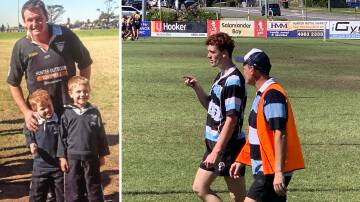IN MEMORY: Jason Gascoigne with sons Dempsey and Callum when he played for the MAitland Blacks. Right is Dempsey Gascoigne as a junior Groper. Nelson Bay and Maitland will play for the inaugural Dempsey Gascoigne Cup at Marcellin Park on Saturday, August 13. 